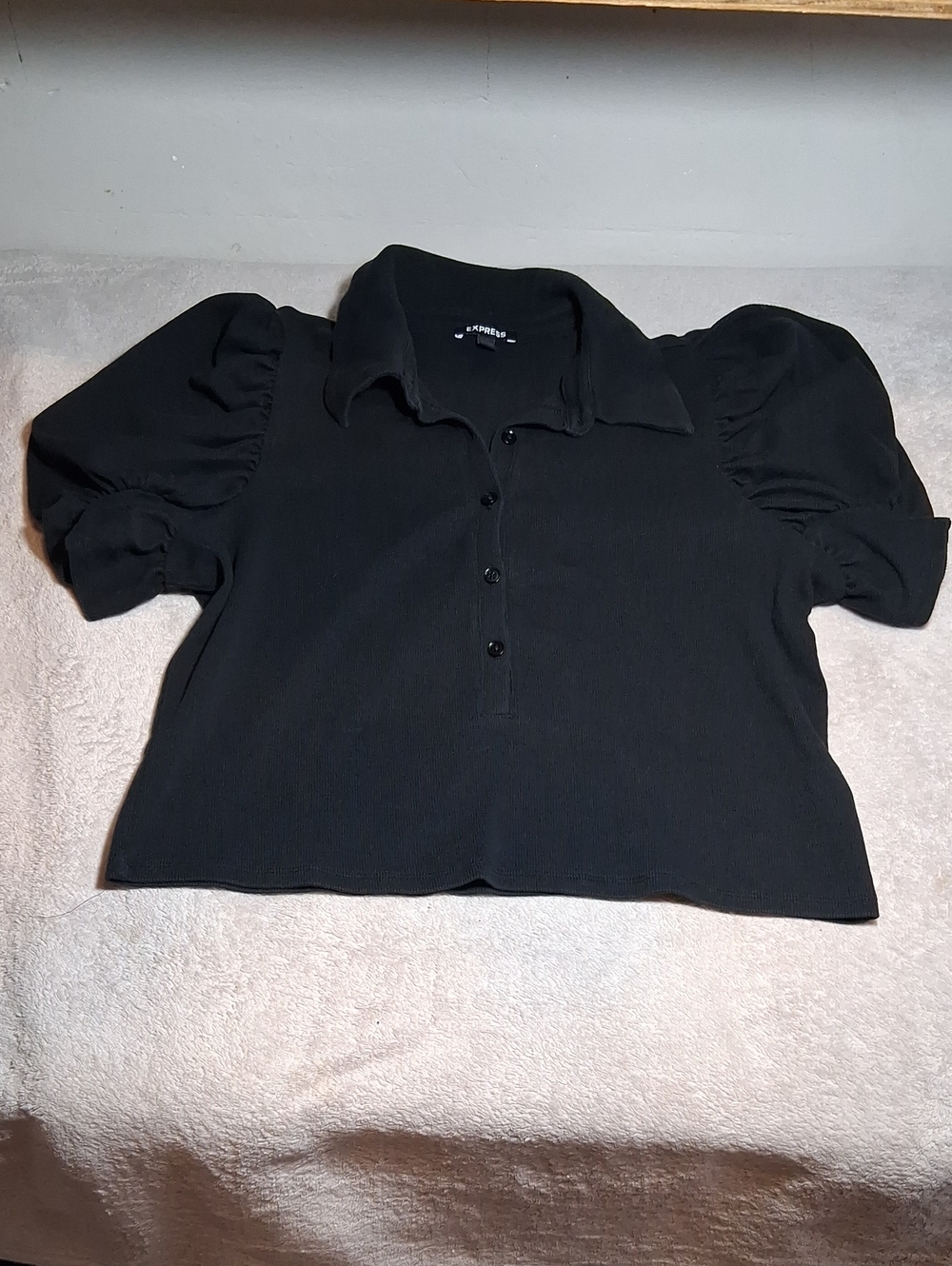 Express Black Puff Sleeve Button-Front Polo Top